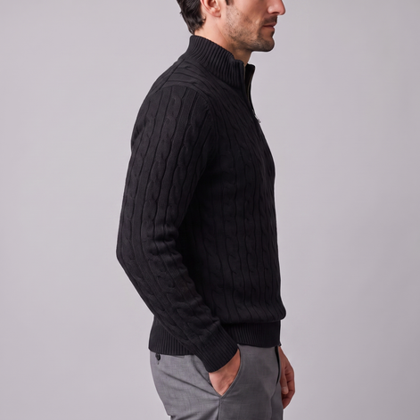 Herren Zopfstrick-Pullover mit kurzem Reissverschluss