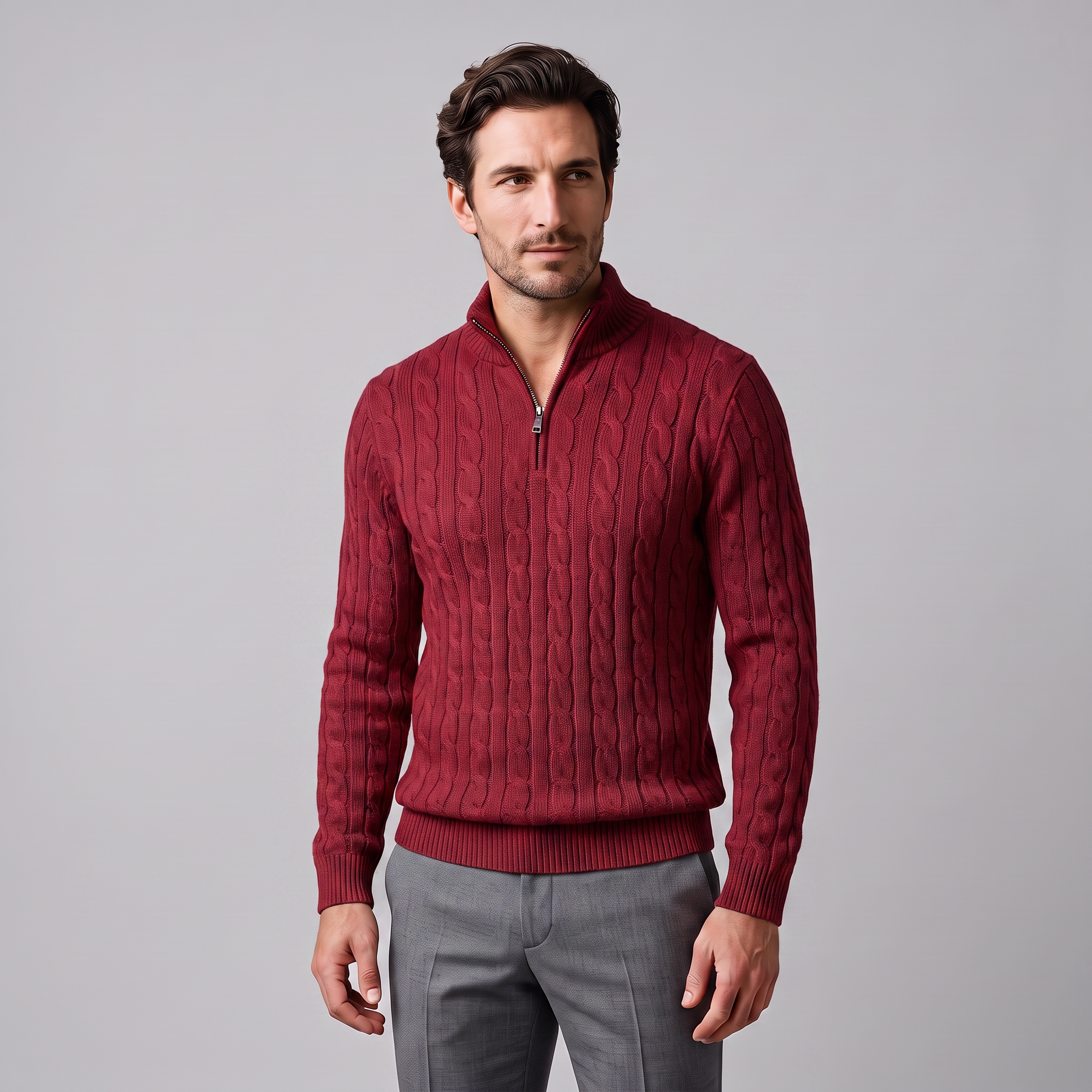Herren Zopfstrick-Pullover mit kurzem Reissverschluss