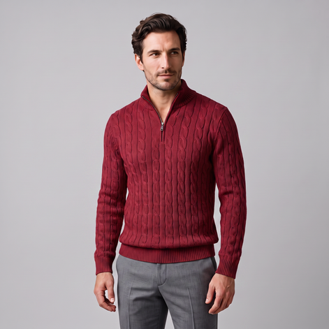 Herren Zopfstrick-Pullover mit kurzem Reissverschluss