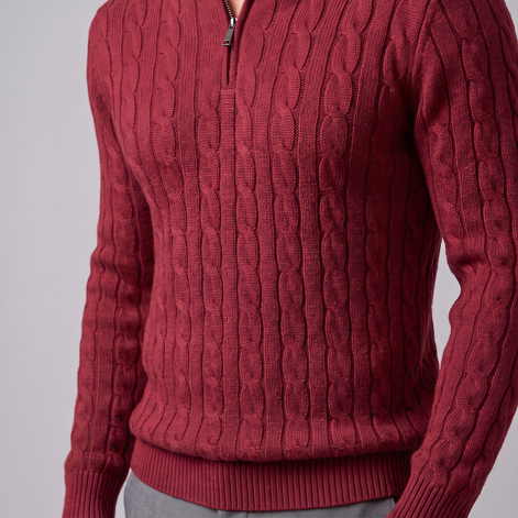 Herren Zopfstrick-Pullover mit kurzem Reissverschluss