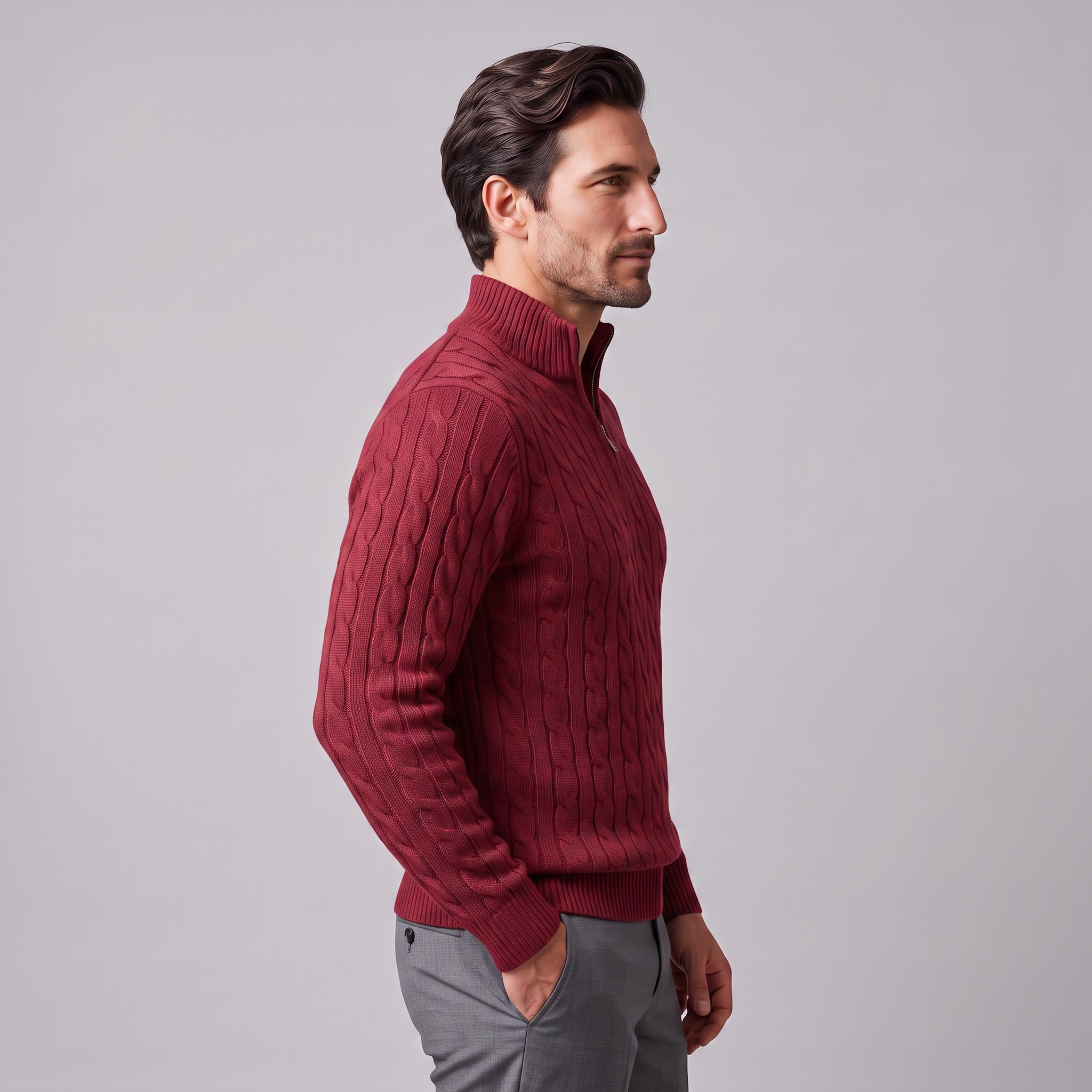 Herren Zopfstrick-Pullover mit kurzem Reissverschluss