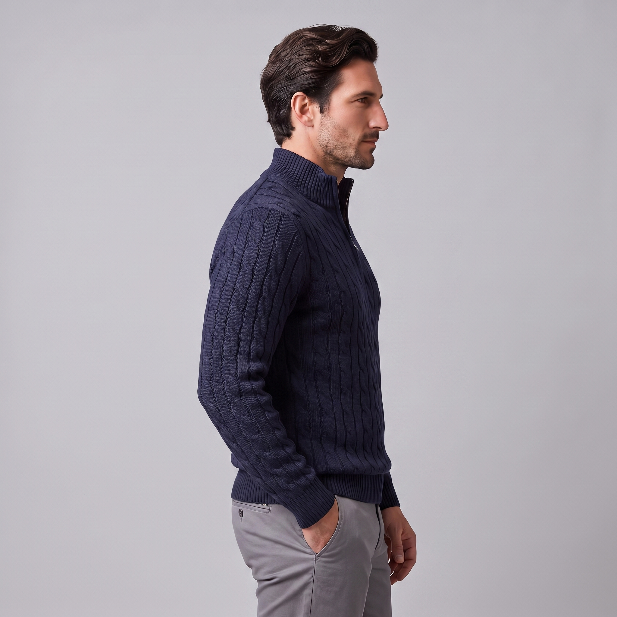 Herren Zopfstrick-Pullover mit kurzem Reissverschluss