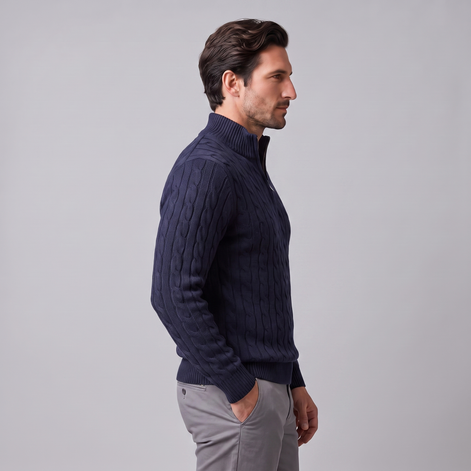 Herren Zopfstrick-Pullover mit kurzem Reissverschluss