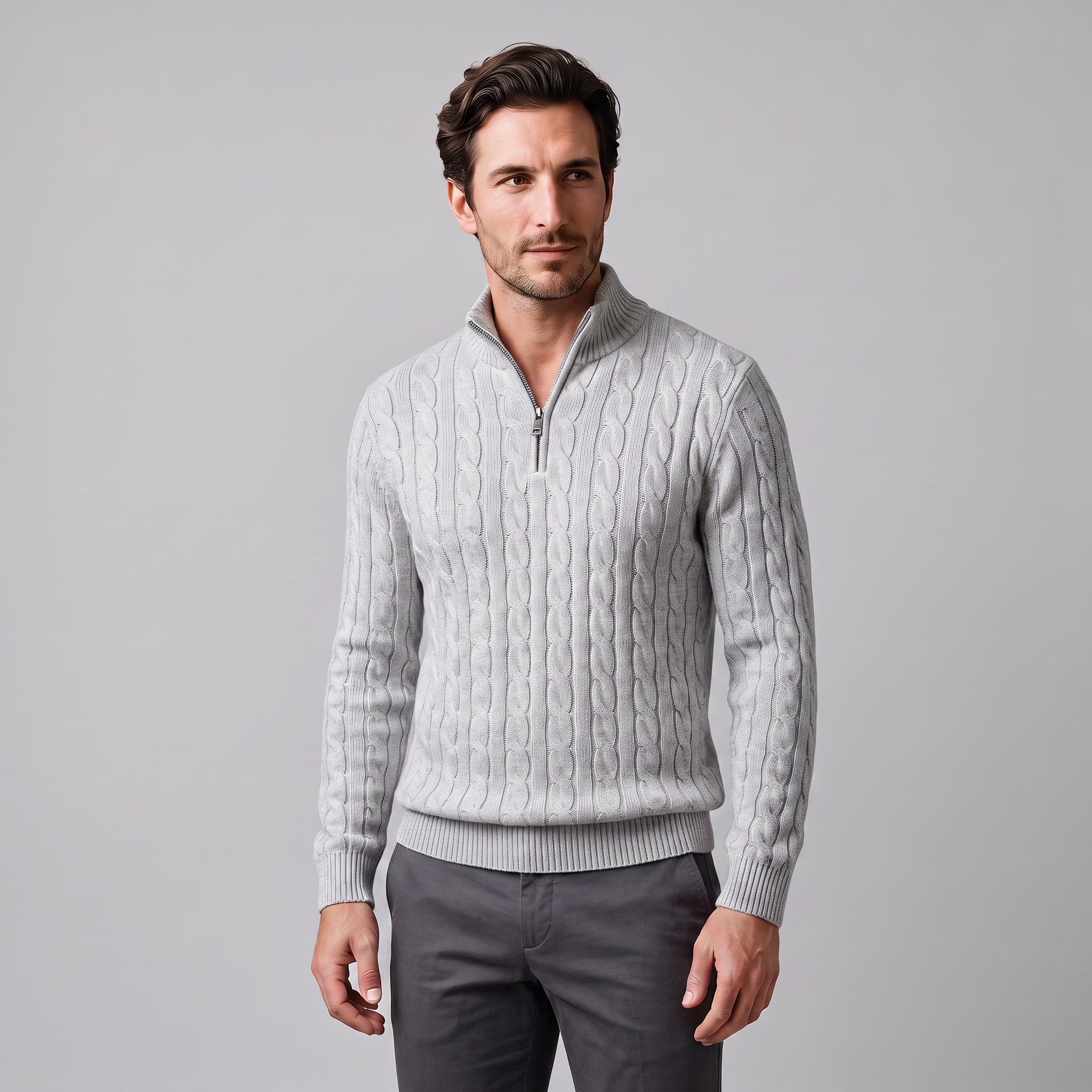Herren Zopfstrick-Pullover mit kurzem Reissverschluss
