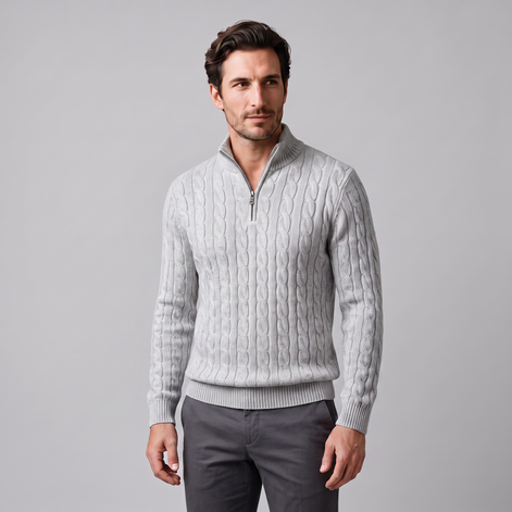 Herren Zopfstrick-Pullover mit kurzem Reissverschluss