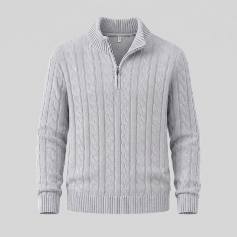 Herren Zopfstrick-Pullover mit kurzem Reissverschluss