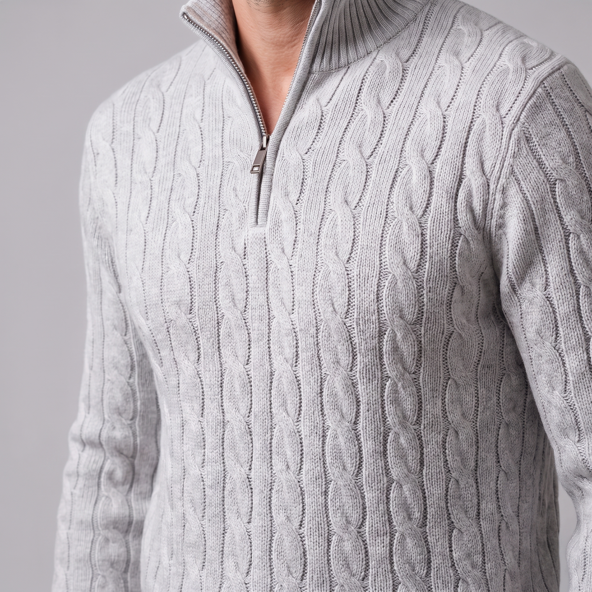 Herren Zopfstrick-Pullover mit kurzem Reissverschluss