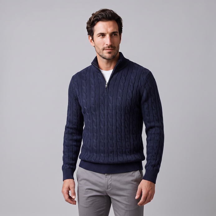 Herren Zopfstrick-Pullover mit kurzem Reissverschluss