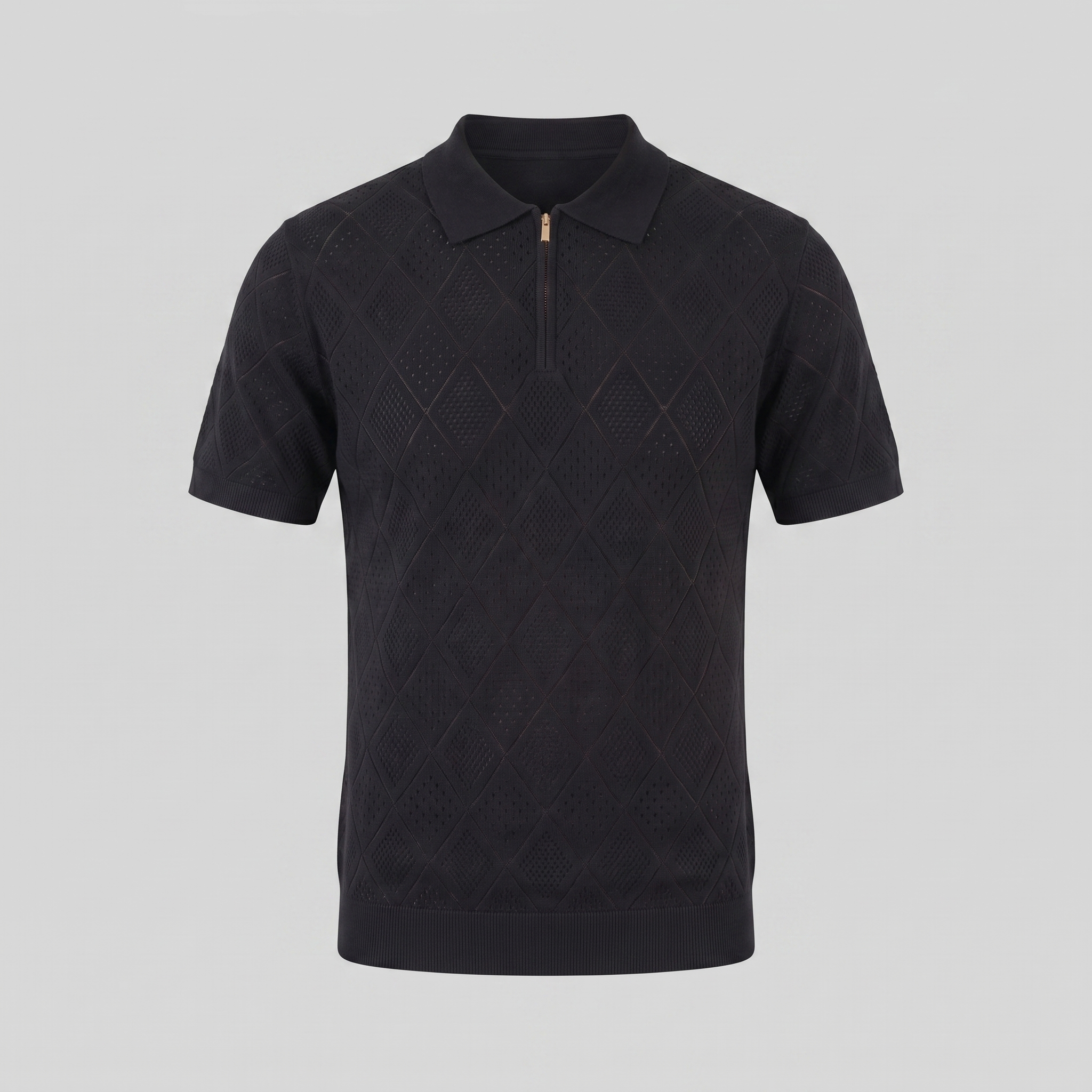 Herren Argyle Pointelle Sommer Reißverschluss Polo