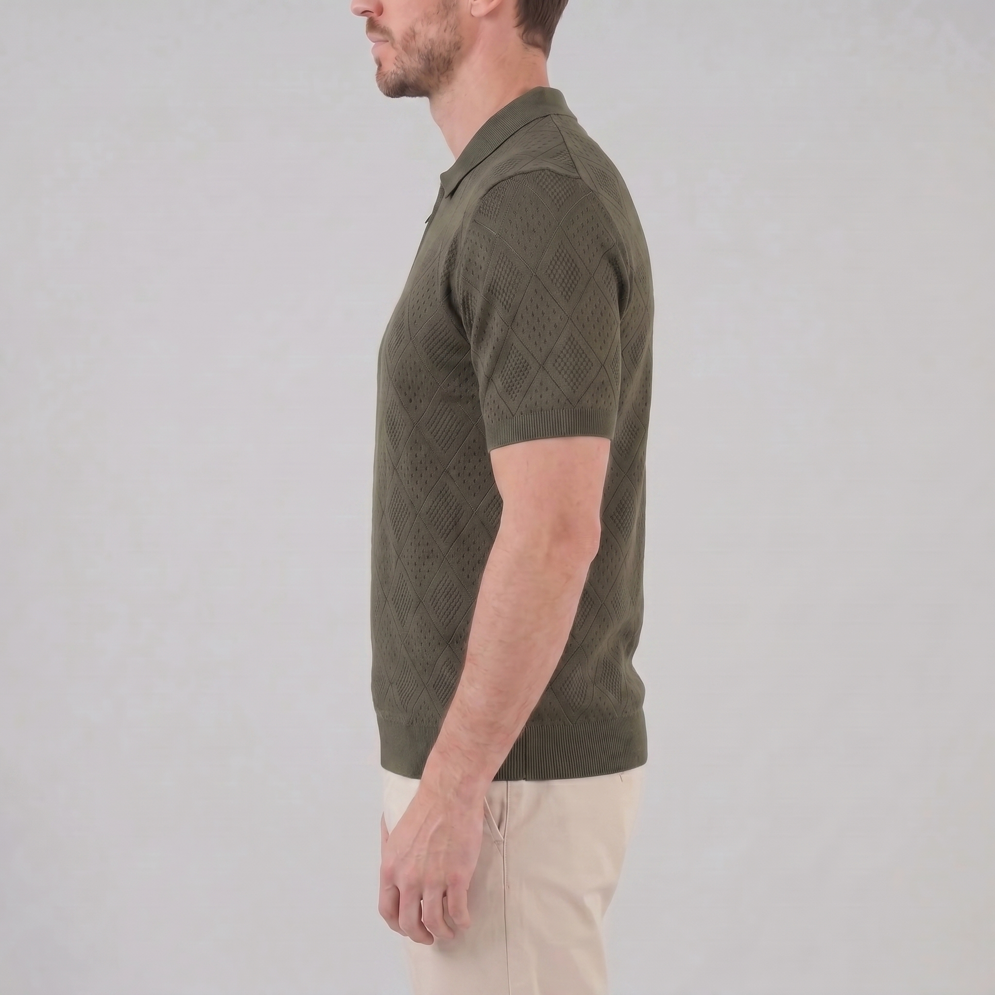 Herren Argyle Pointelle Sommer Reißverschluss Polo