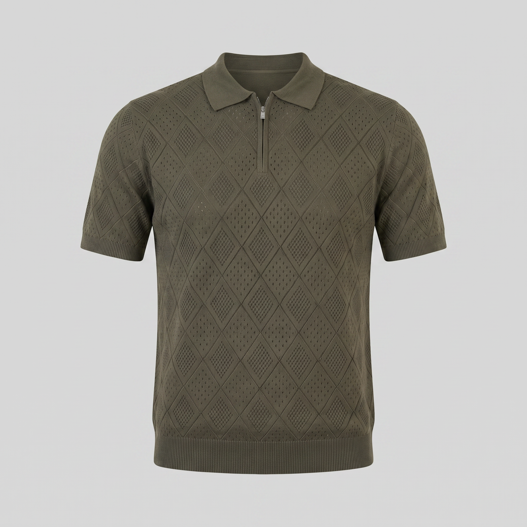 Herren Argyle Pointelle Sommer Reißverschluss Polo