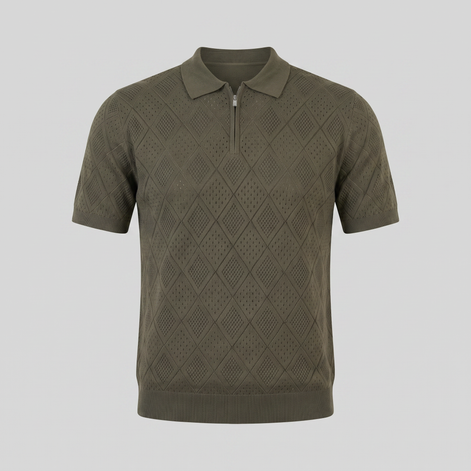 Herren Argyle Pointelle Sommer Reißverschluss Polo