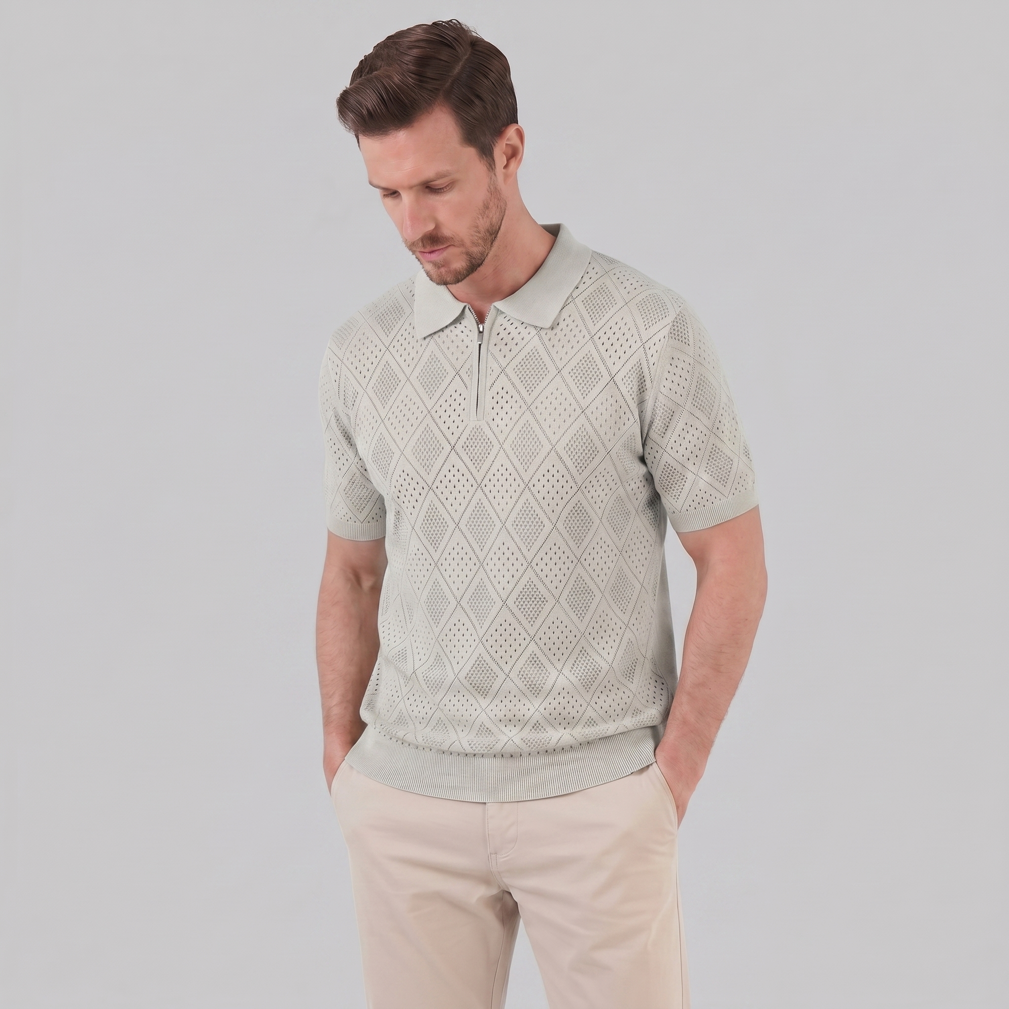 Herren Argyle Pointelle Sommer Reißverschluss Polo