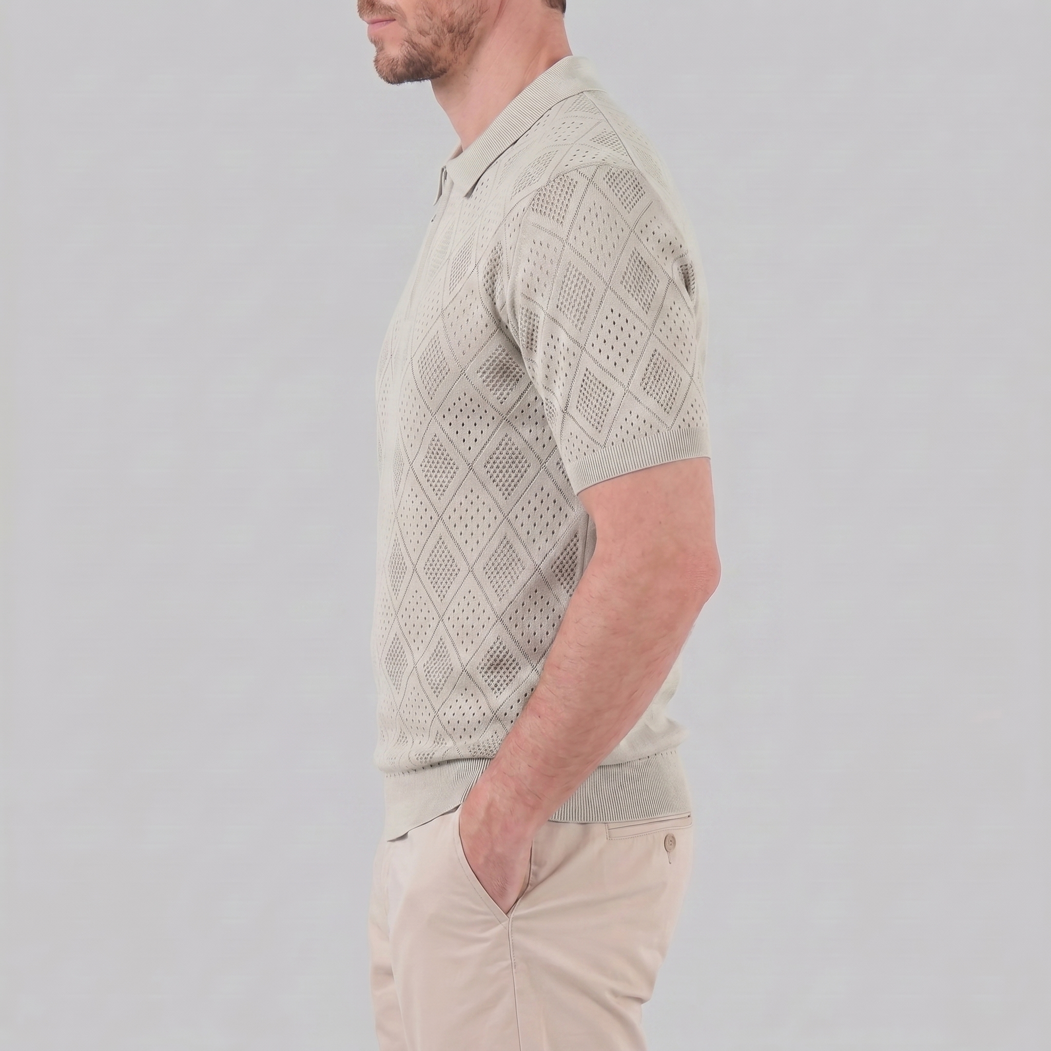 Herren Argyle Pointelle Sommer Reißverschluss Polo