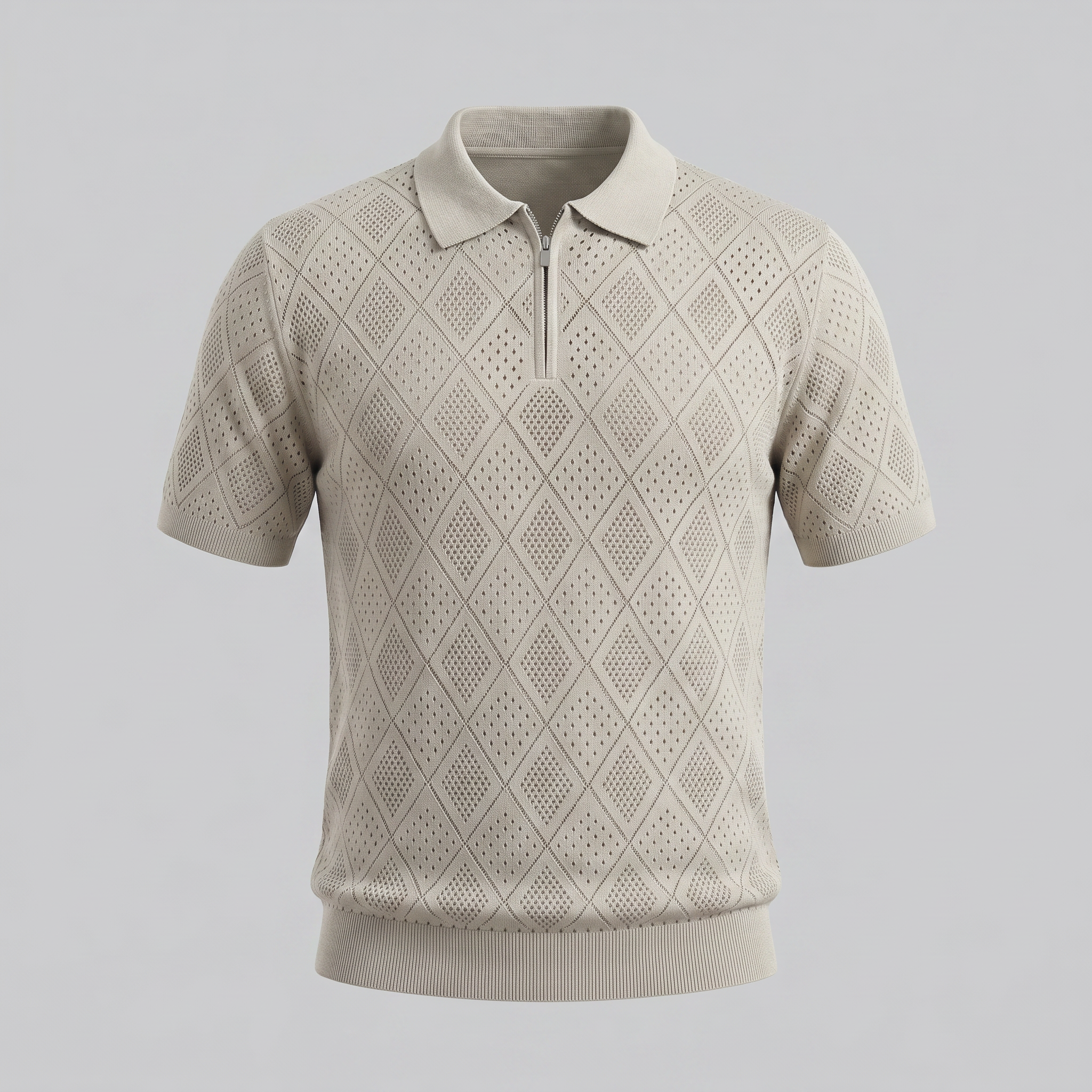 Herren Argyle Pointelle Sommer Reißverschluss Polo