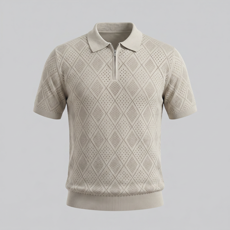 Herren Argyle Pointelle Sommer Reißverschluss Polo
