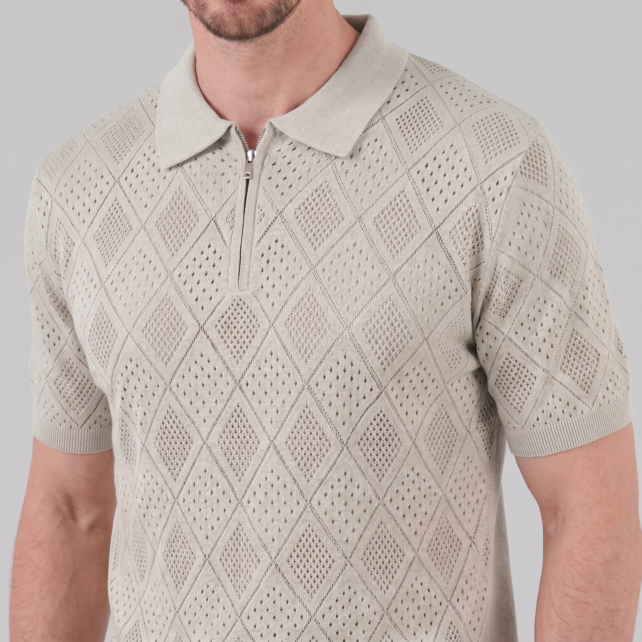 Herren Argyle Pointelle Sommer Reißverschluss Polo