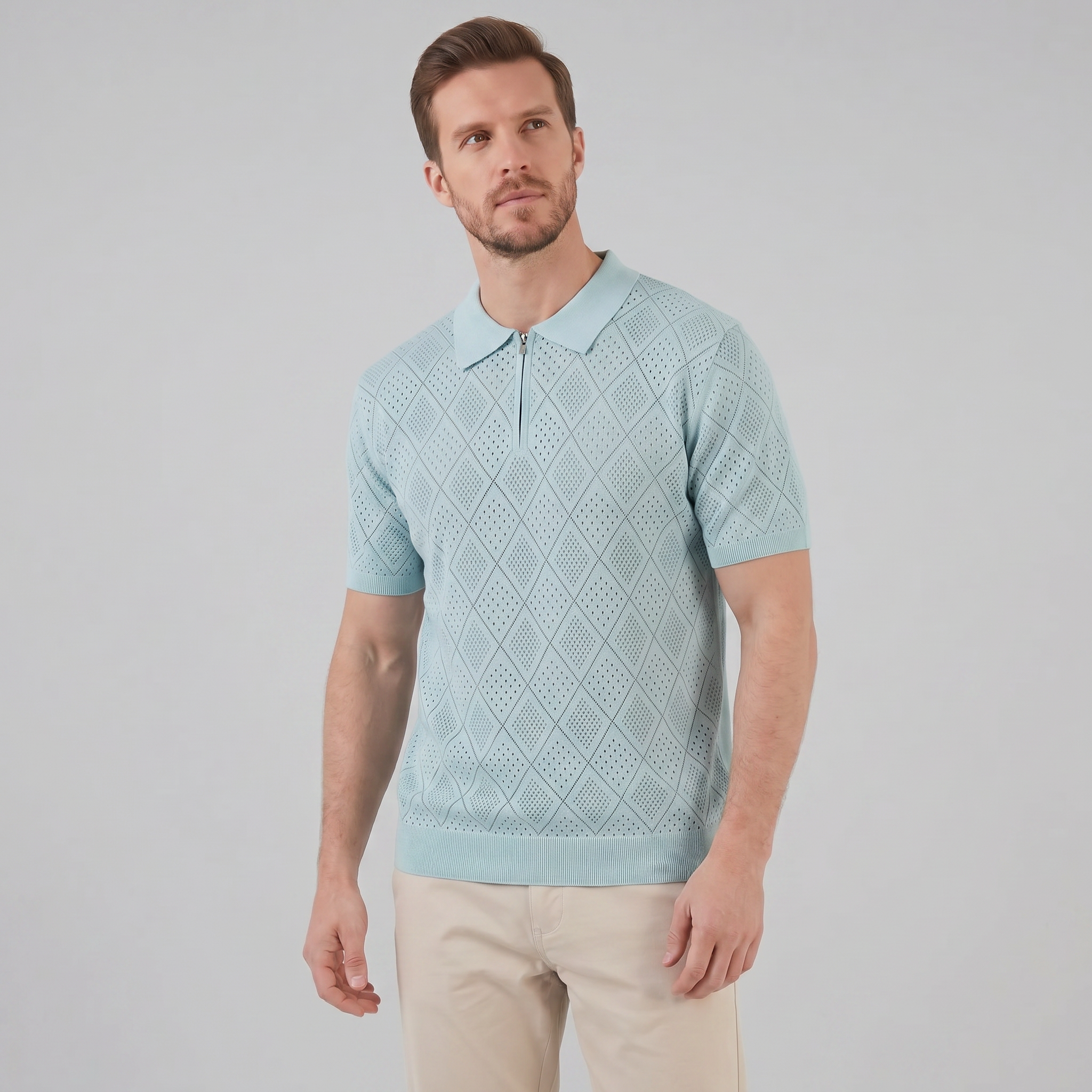 Herren Argyle Pointelle Sommer Reißverschluss Polo
