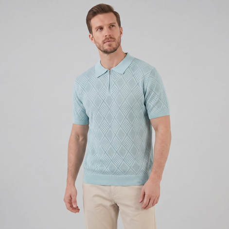 Herren Argyle Pointelle Sommer Reißverschluss Polo