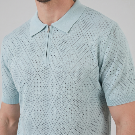 Herren Argyle Pointelle Sommer Reißverschluss Polo