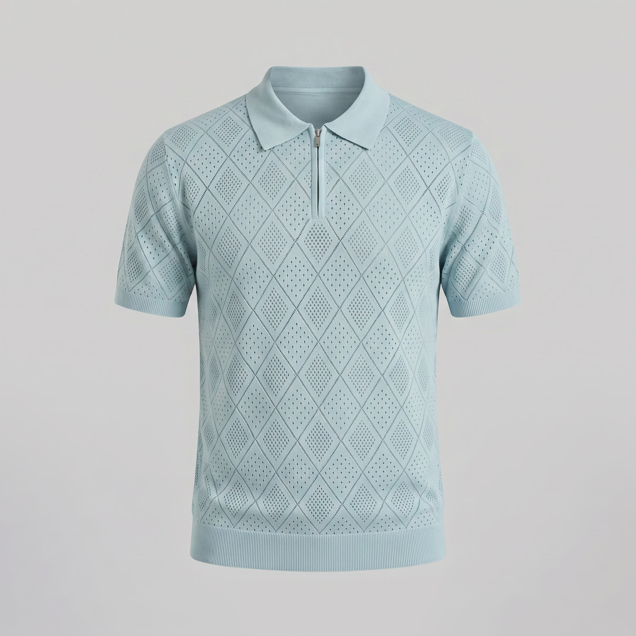 Herren Argyle Pointelle Sommer Reißverschluss Polo