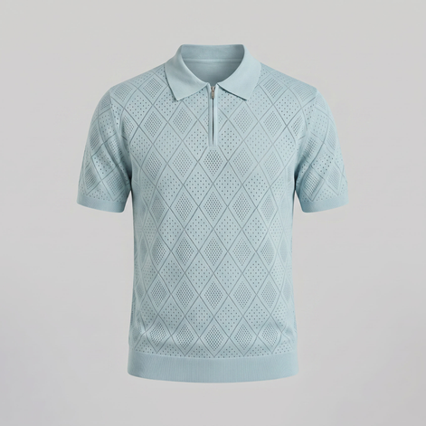 Herren Argyle Pointelle Sommer Reißverschluss Polo
