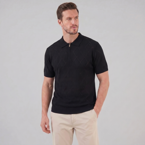 Herren Argyle Pointelle Sommer Reißverschluss Polo