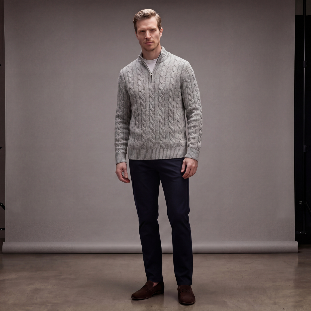 Herren Kabelstrickpullover Mit Viertel Reißverschluss