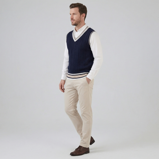 Herren Kabelstrick V-Ausschnitt Strickweste
