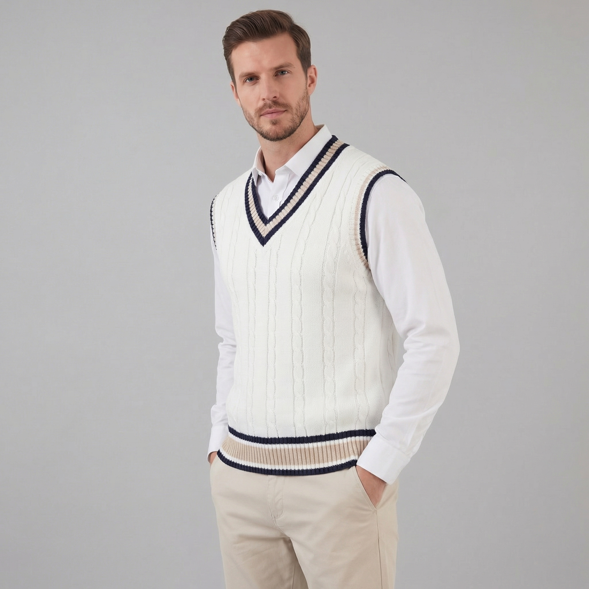 Herren Kabelstrick V-Ausschnitt Strickweste