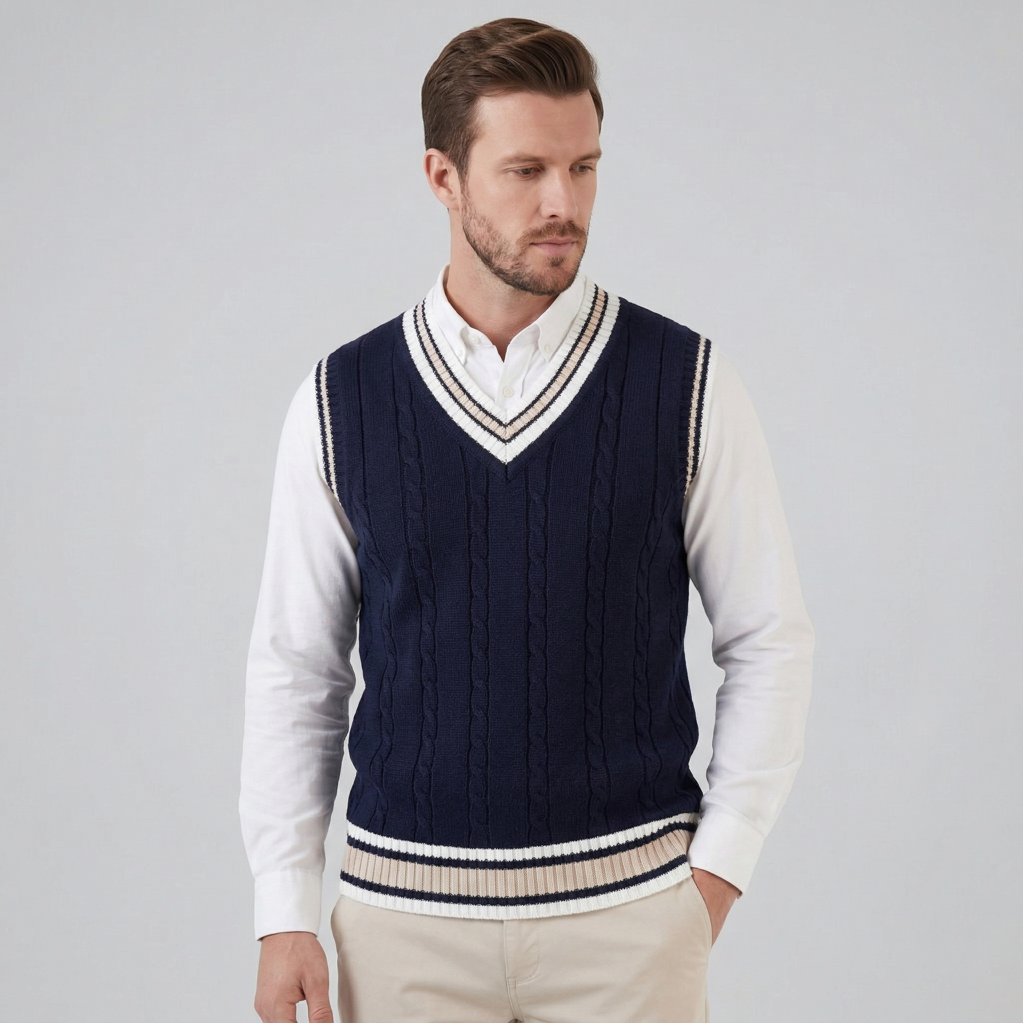 Herren Kabelstrick V-Ausschnitt Strickweste