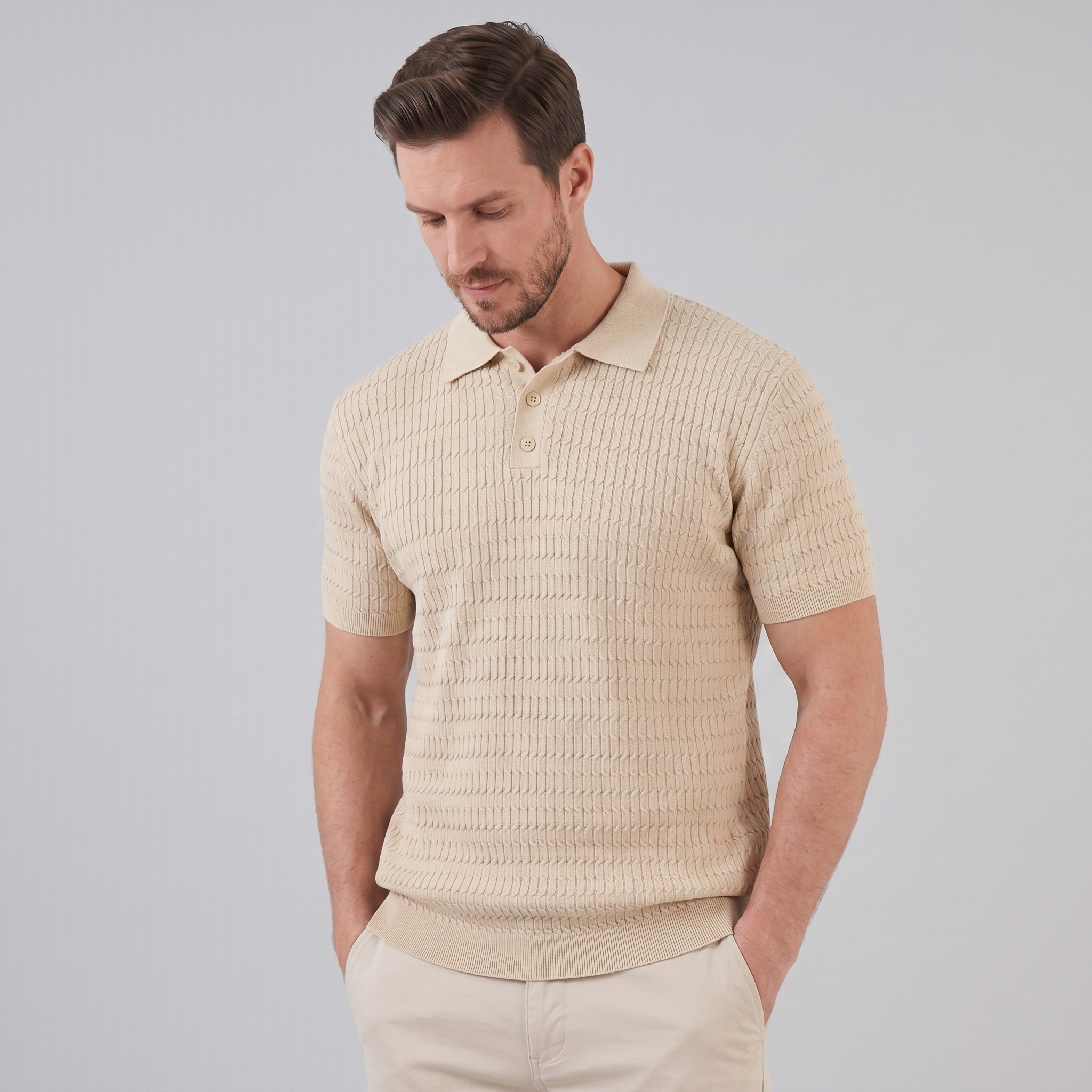 Herren Kabelstrick Polohemd Mit Kabelstruktur