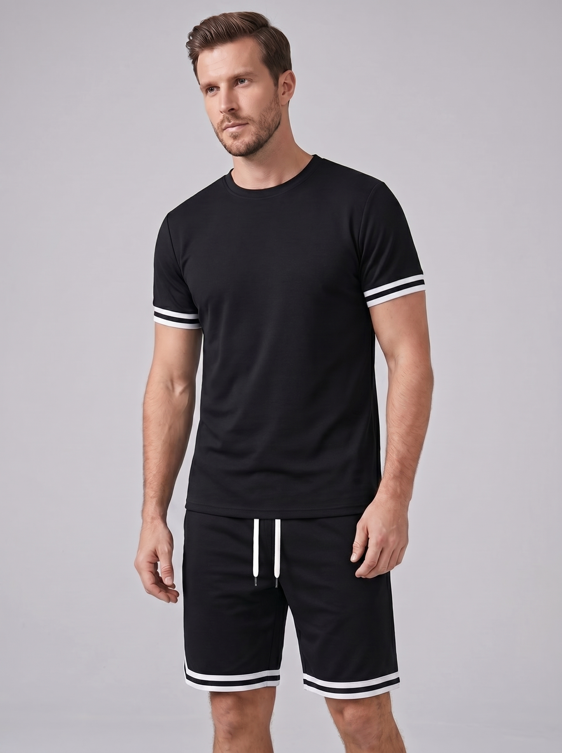 Herren Kontrast Streifen T-Shirt Shorts Set