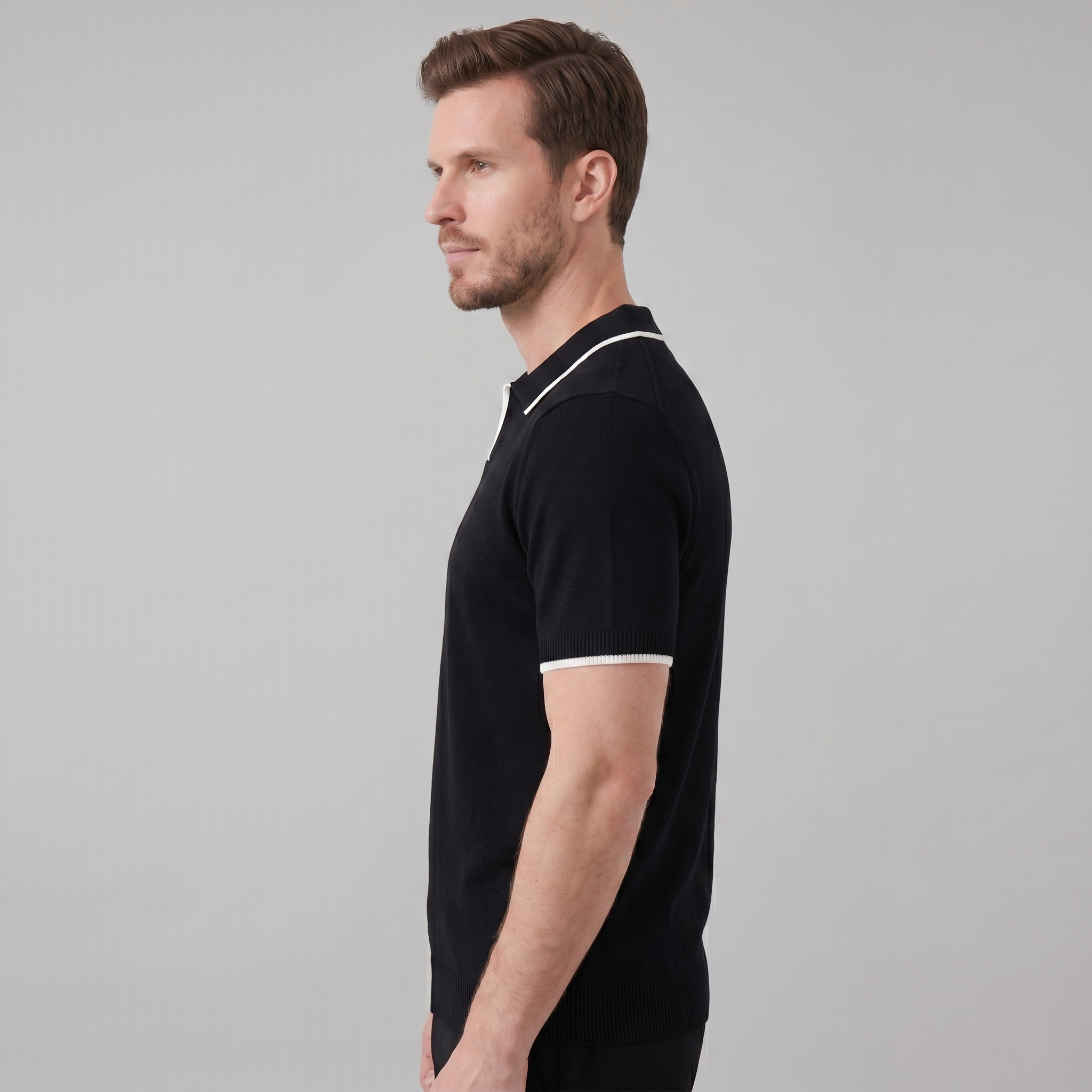 Herren Polo Aus Fein Gestrick Mit Kontrast-Tipping