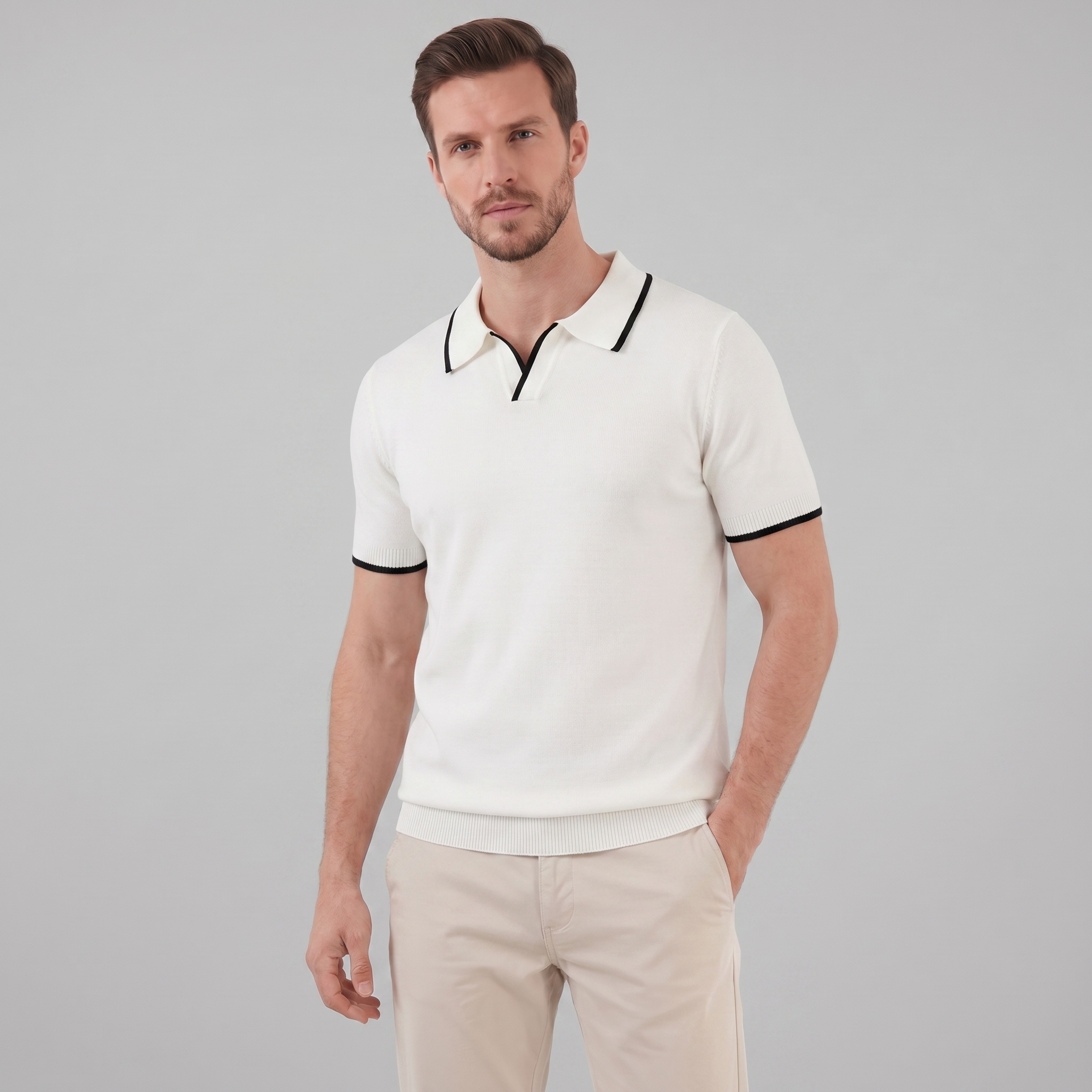 Herren Polo Aus Fein Gestrick Mit Kontrast-Tipping