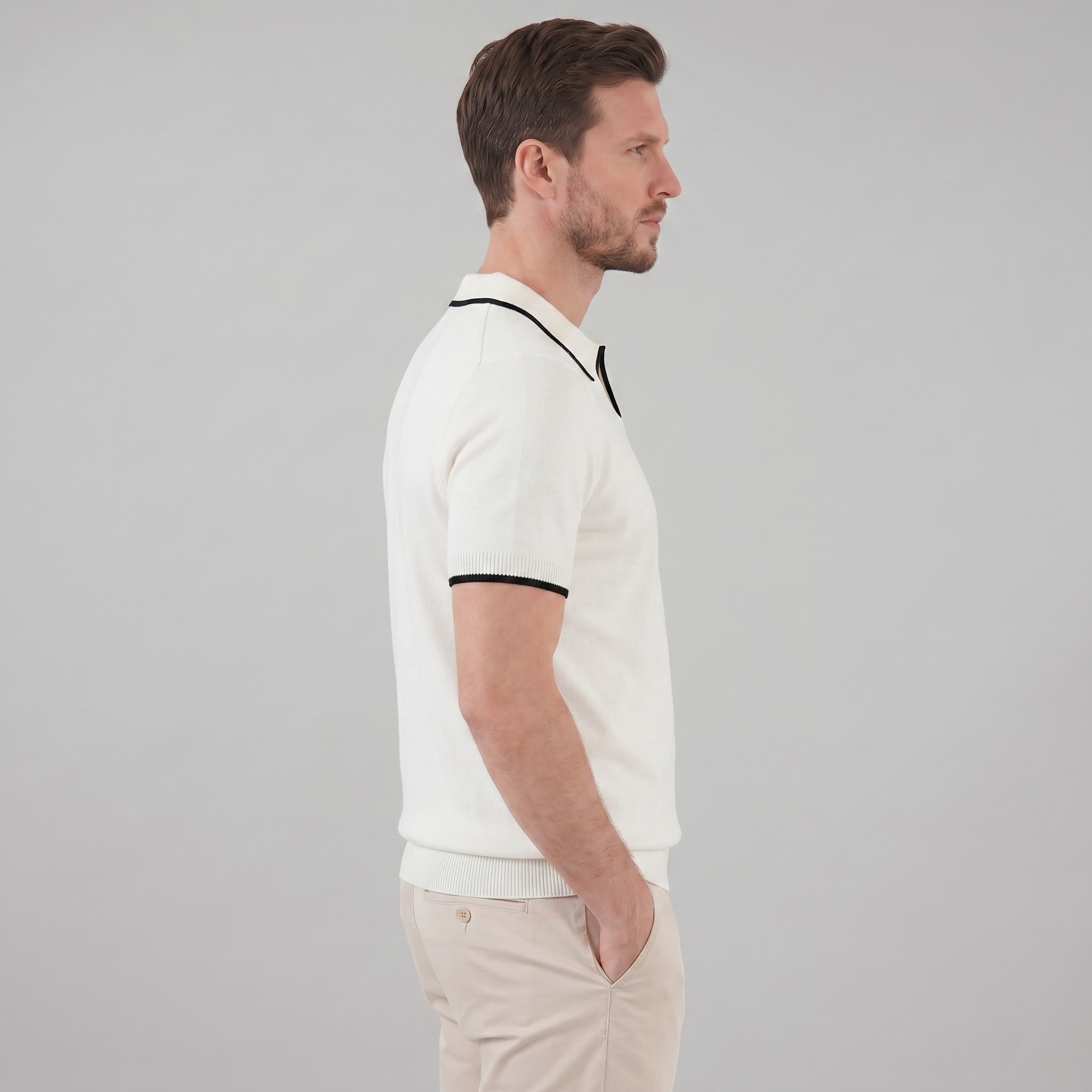 Herren Polo Aus Fein Gestrick Mit Kontrast-Tipping