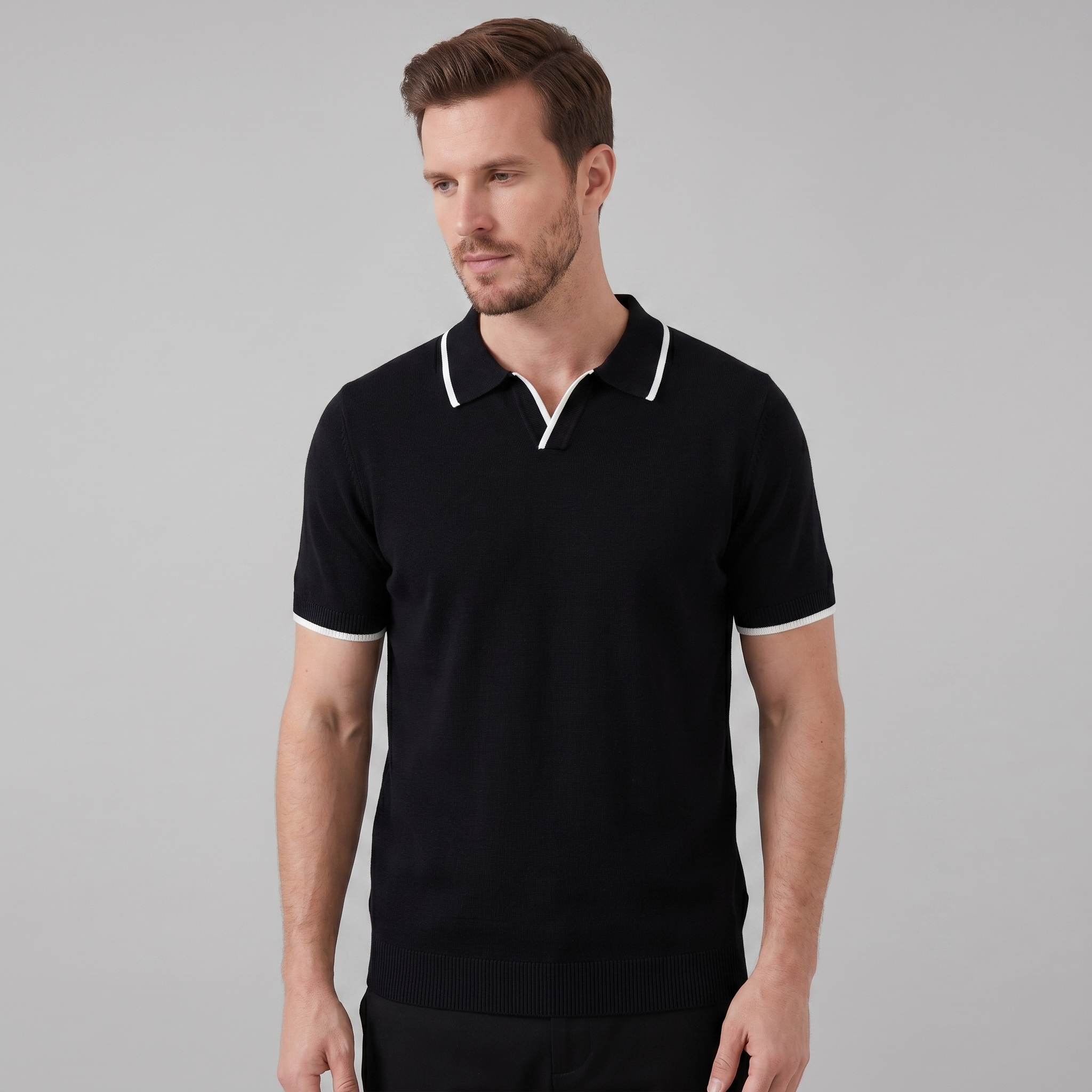 Herren Polo Aus Fein Gestrick Mit Kontrast-Tipping