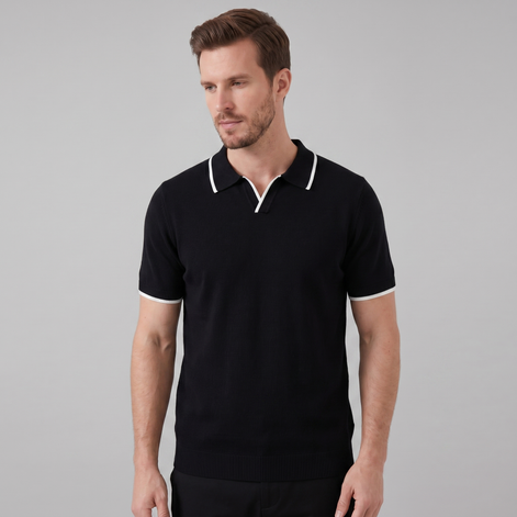 Herren Polo Aus Fein Gestrick Mit Kontrast-Tipping