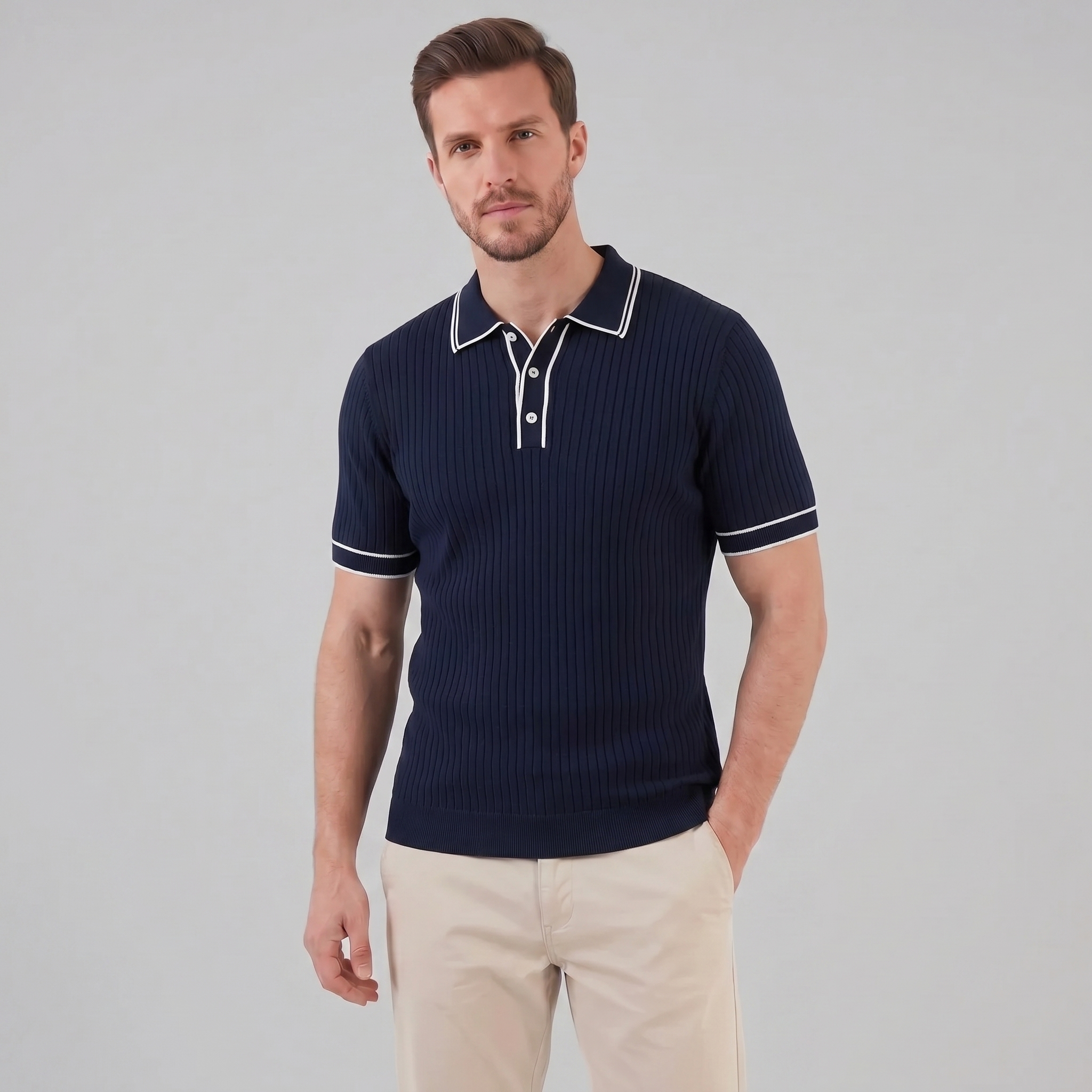 Herren Polohemd Aus Rippstrick Mit Kontrastbesatz