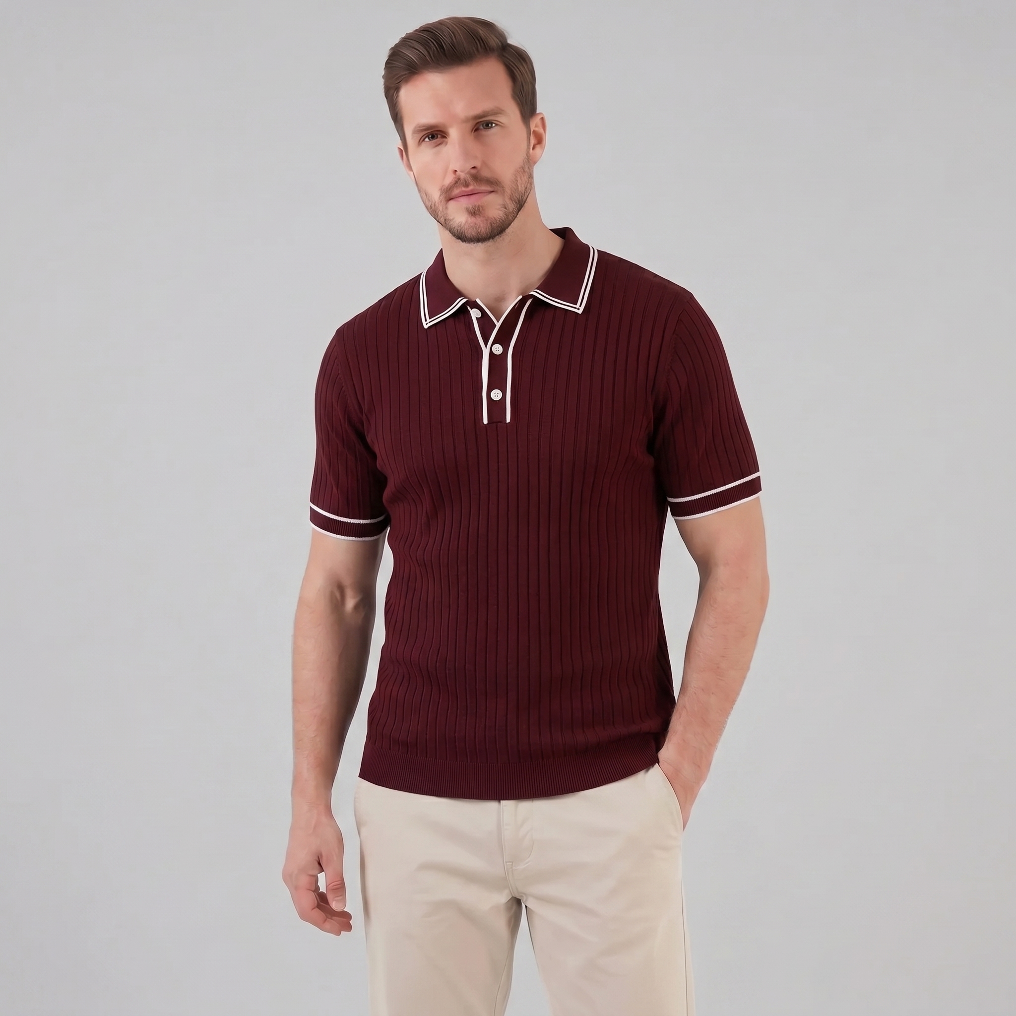 Herren Polohemd Aus Rippstrick Mit Kontrastbesatz