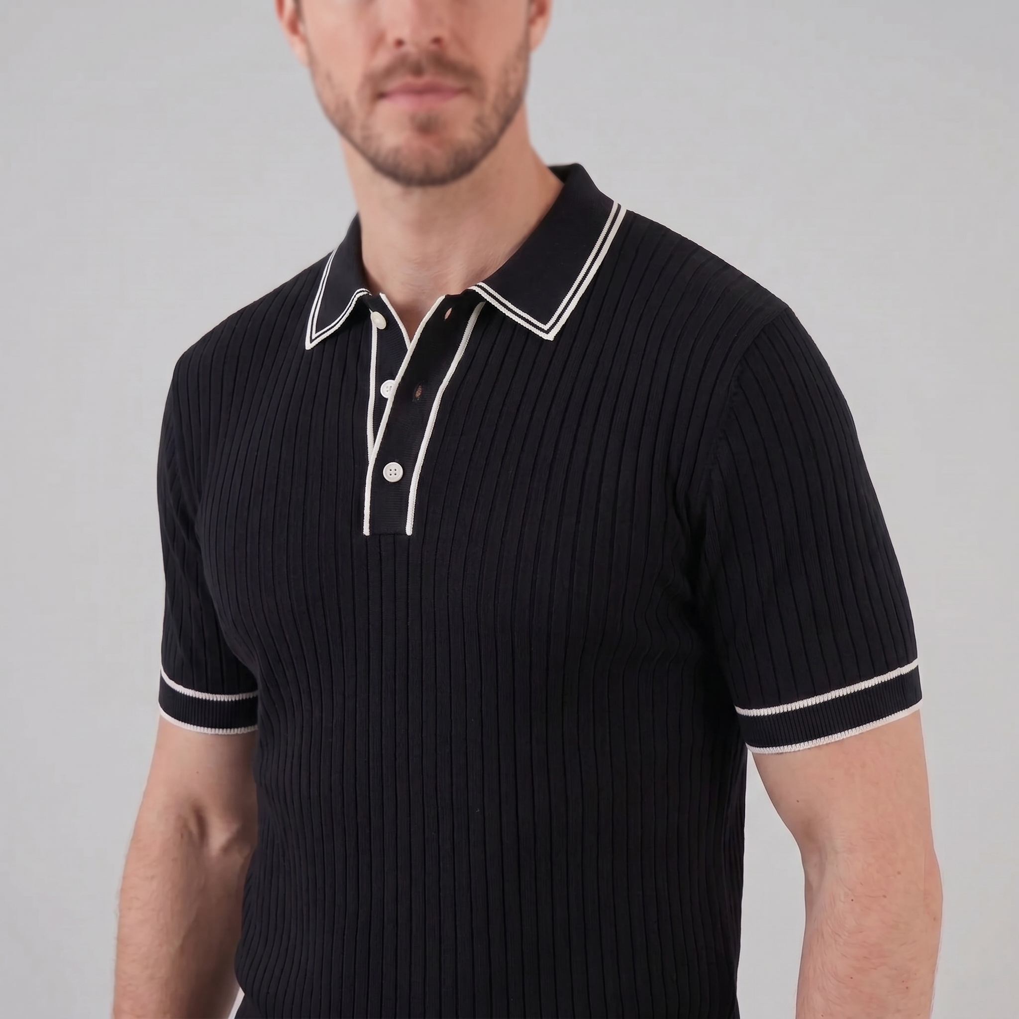 Herren Polohemd Aus Rippstrick Mit Kontrastbesatz