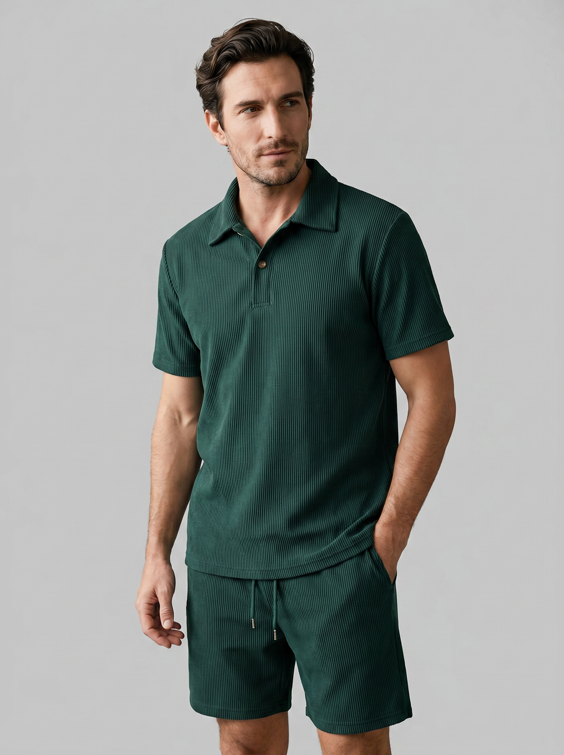 Herren Korduroy Polohemd Und Shorts Outfit Set