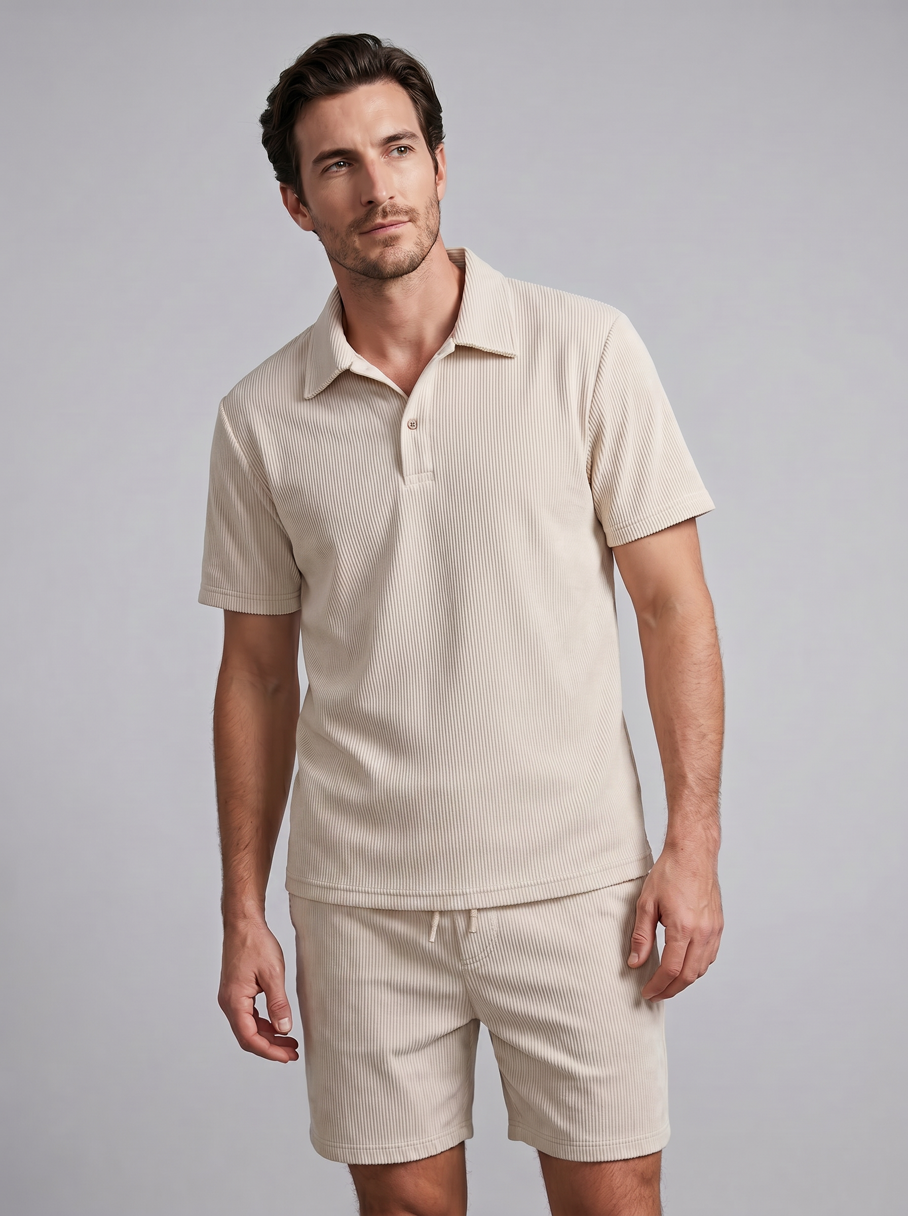 Herren Korduroy Polohemd Und Shorts Outfit Set