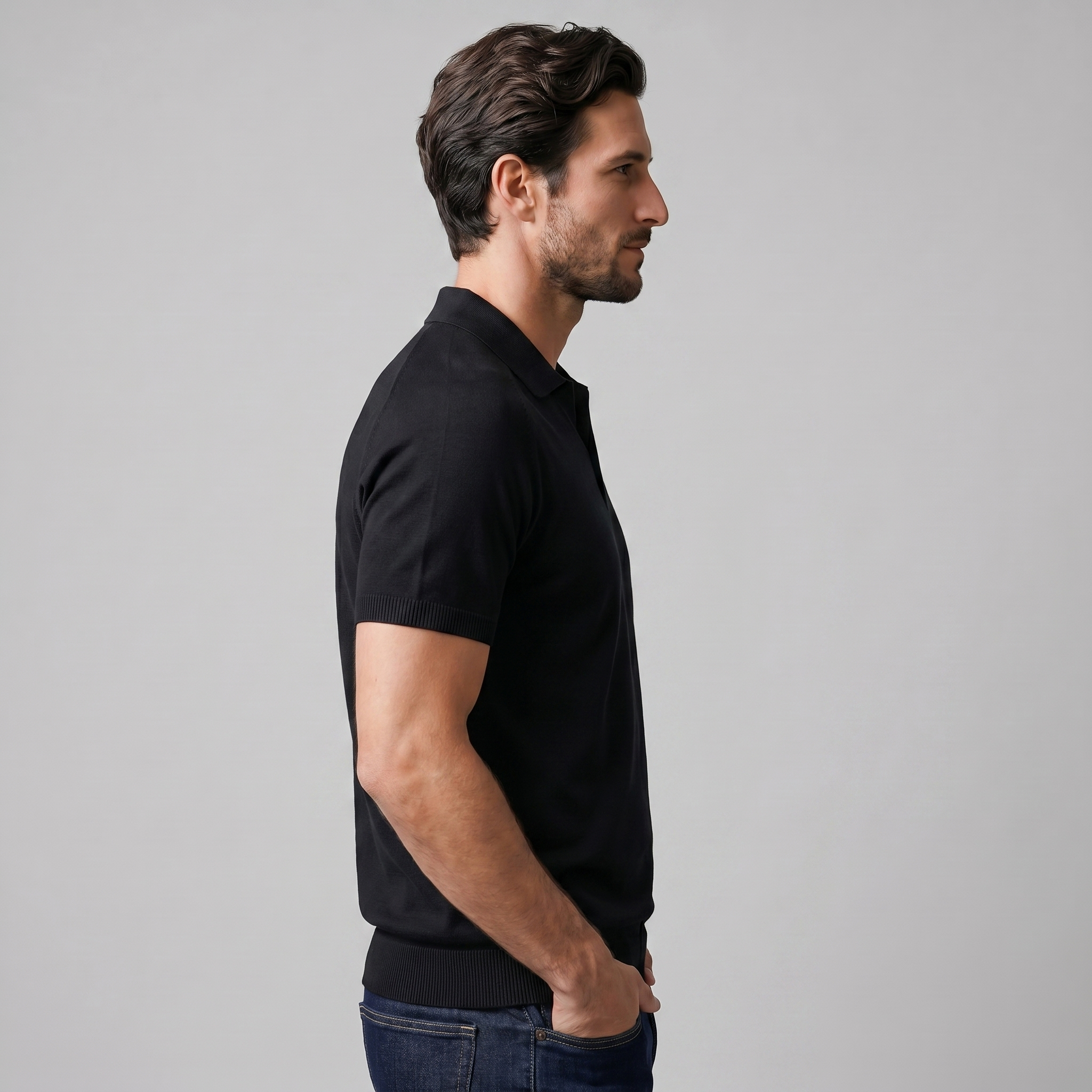 Herren Feiner Strick Polo Mit Offenem Kragen