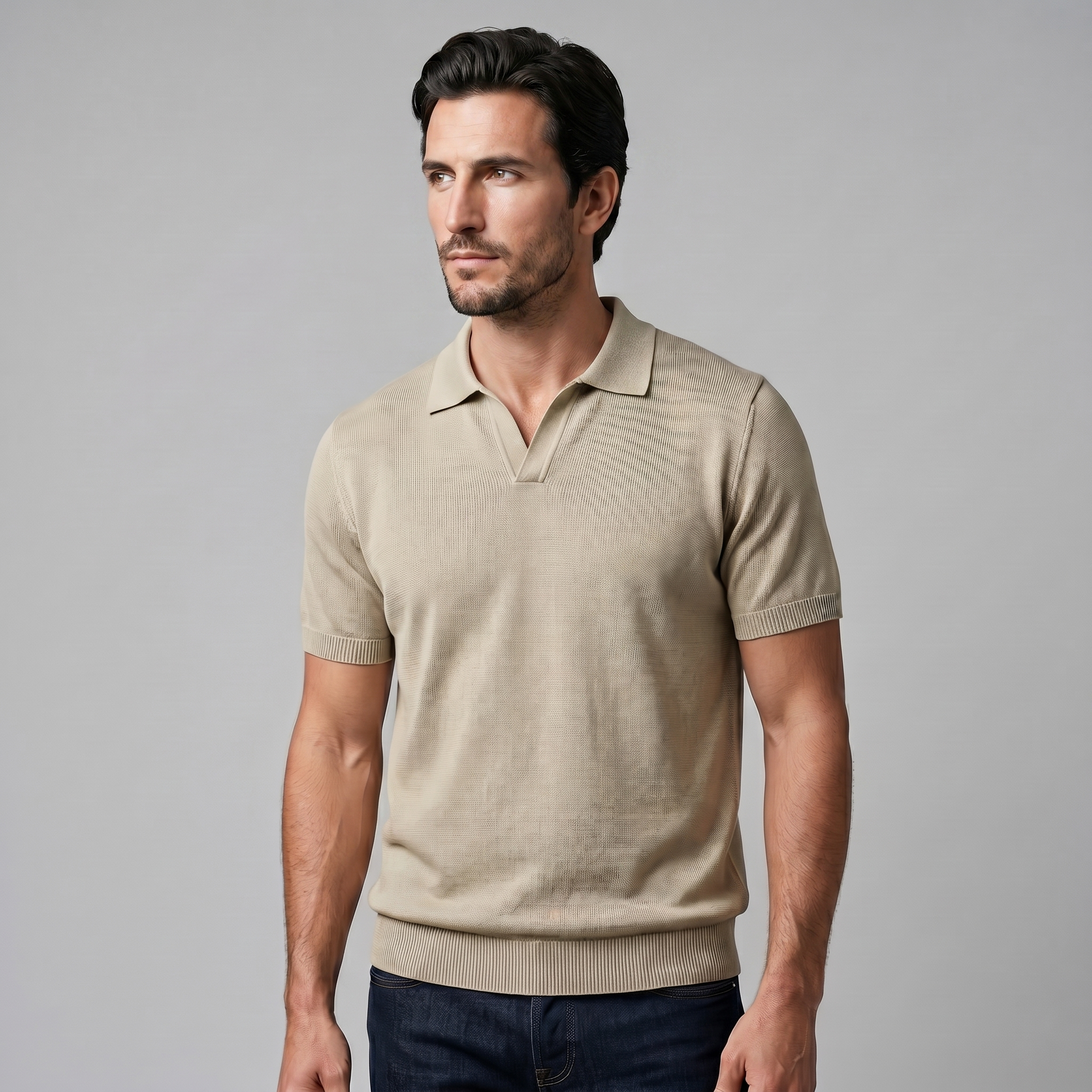 Herren Feiner Strick Polo Mit Offenem Kragen