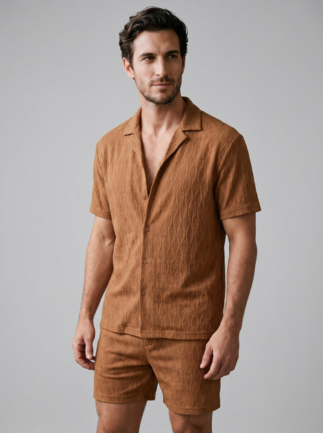Herren Jacquard Wave Camp Shirt Und Shorts Set