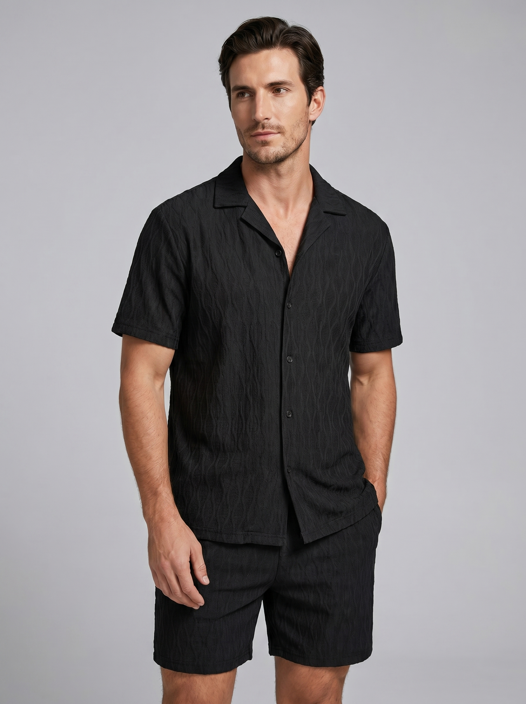 Herren Jacquard Wave Camp Shirt Und Shorts Set