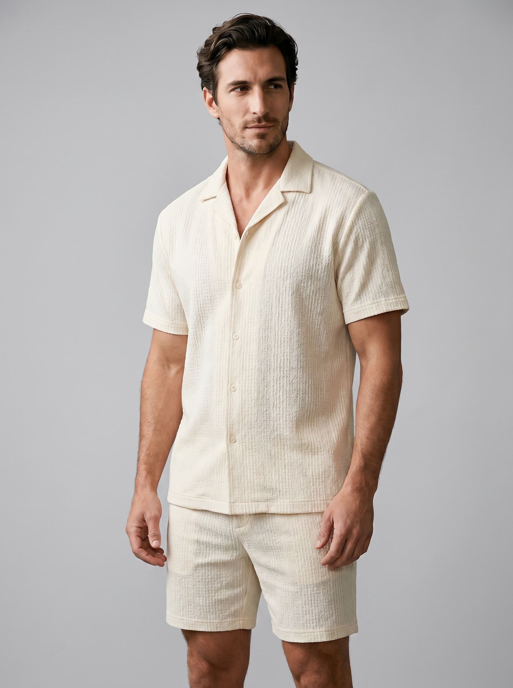Herren Jacquard Wave Camp Shirt Und Shorts Set