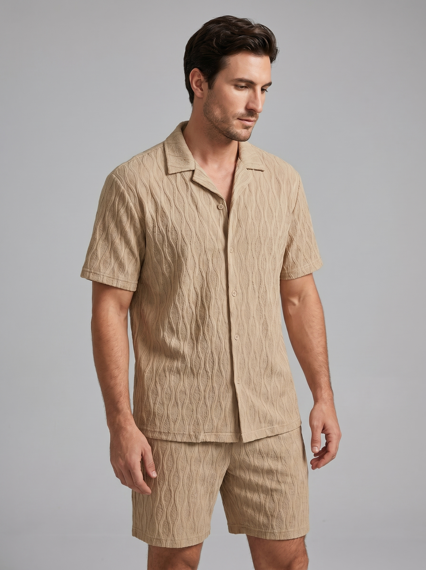 Herren Jacquard Wave Camp Shirt Und Shorts Set