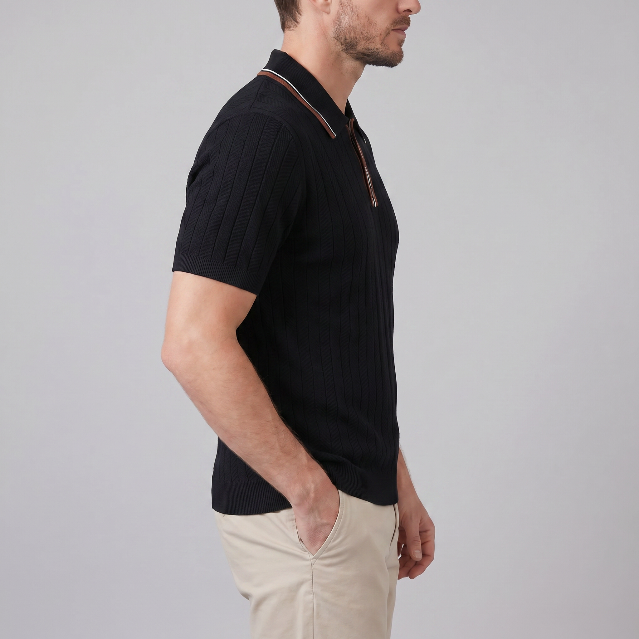 Herren Strick Polohemd Mit Kontrastkragen